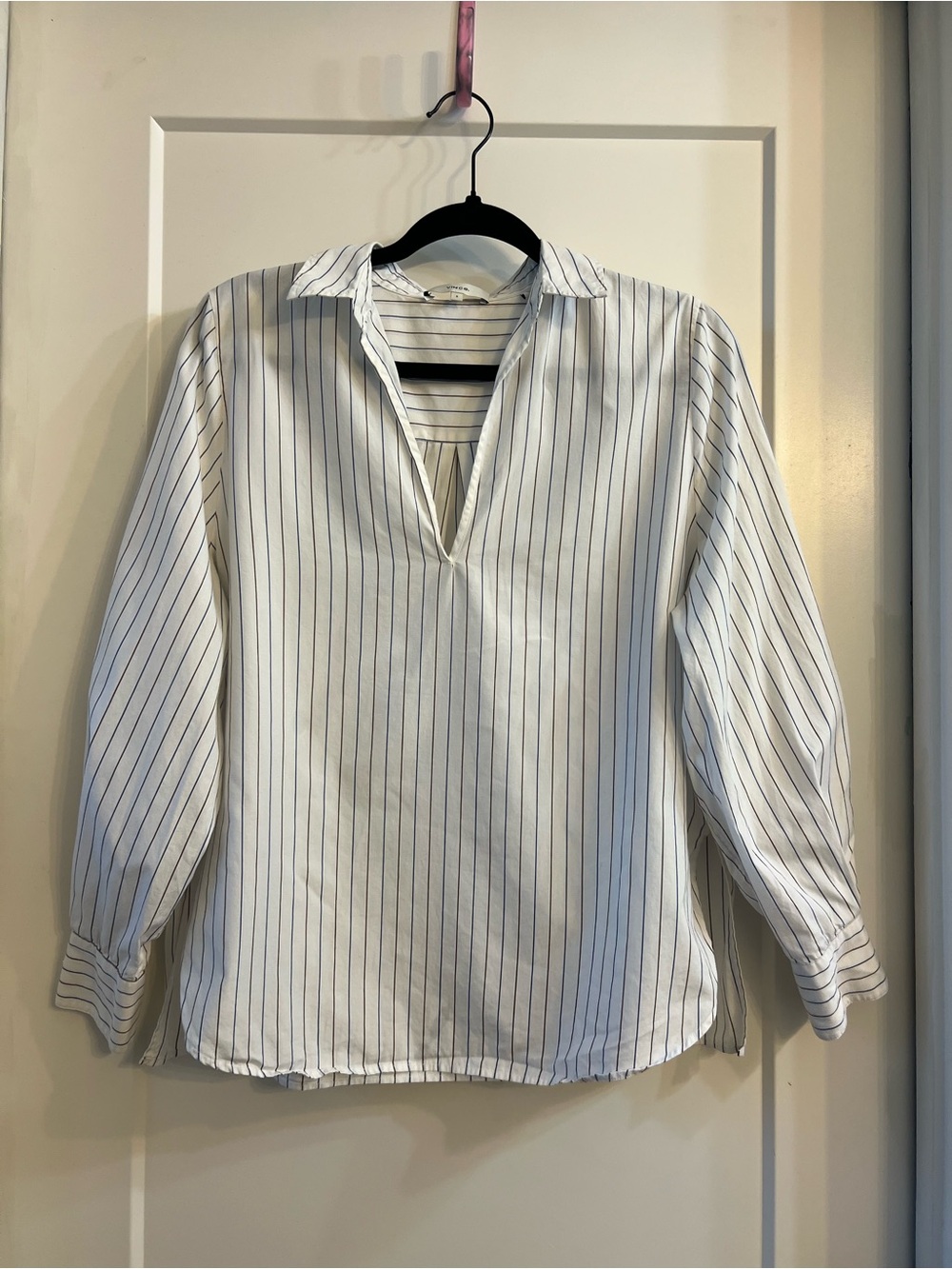 Vince White Popover Button-Down with Blue Pinstripes